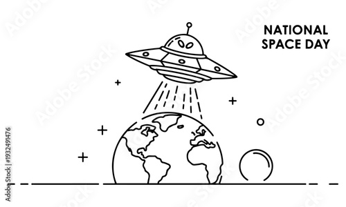 National Space Day greeting card with minimalist UFO flying over Earth globe, doodle line art vector illustration on white background

