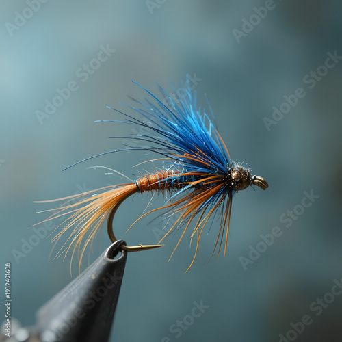 Fly Fishing Lure with Blue and Orange Feathers