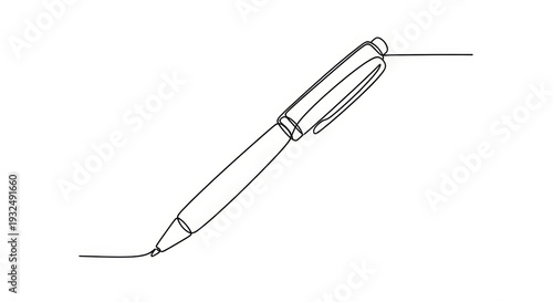 Continuous Line Drawing of a Pen Writing on White Background