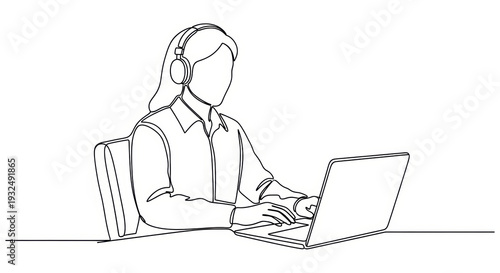 Continuous line drawing of a person wearing headphones and working on a laptop
