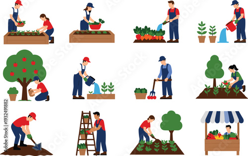Illustration of twelve gardening and farming activities including planting, watering, harvesting, and selling produce, representing sustainable agriculture, farm-to-table practices, and educational co