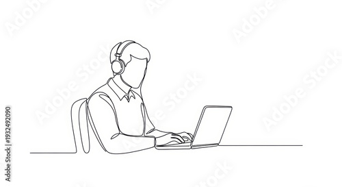 Continuous line drawing of a person with headphones working on a laptop