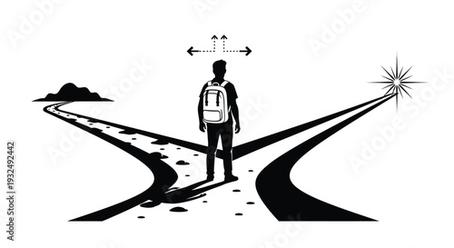 A traveler stands at a crossroads with a winding path a burst silhouette