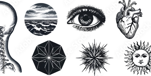 Set of 8 Engraved Black and White Spiritual and Occult Vector Elements isolated PNG with Transparent Background