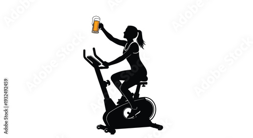 Woman cycling and enjoying a beer depicted in a striking silhouette