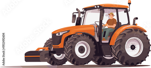 Modern orange farm tractor illustration with a male driver in a hat operating agricultural machinery for harvesting field work and agribusiness branding