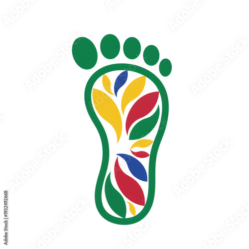 Colorful leaf pattern inside green footprint symbolizing nature  
