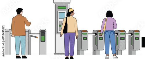 People using automated ticket barriers at subway station entrance, public transport access control system, urban metro commuters validation gates vector illustration