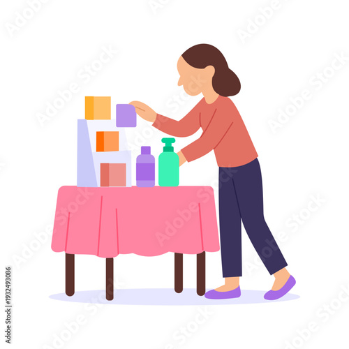 Demo Display Setup, Arranging product demonstration display area, Flat vector character illustration