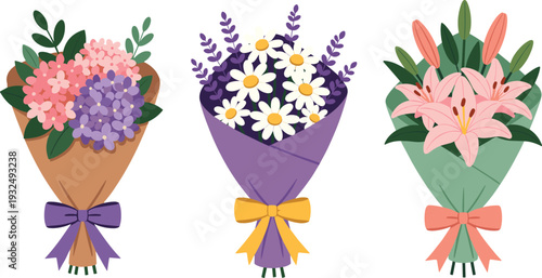 Set of colorful flower bouquets with lilies, daisies and hydrangeas, flat vector illustration isolated on white background, floral arrangement design for greeting cards