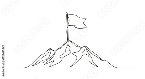 Continuous Line Drawing of Flag on Mountain Peak