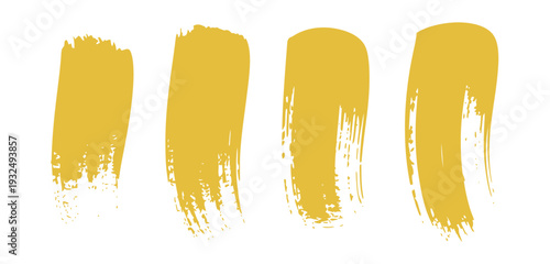 Four vertical, golden yellow brush, strokes with textured rough edges and visible bristle marks, dry paint effect isolated on white background