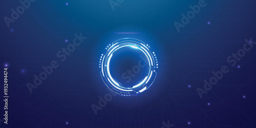Glowing AI circuit portal with neon HUD elements and digital tech lines spreading across futuristic background. Sci-fi interface design with bright blue cyber patterns. Digital vector