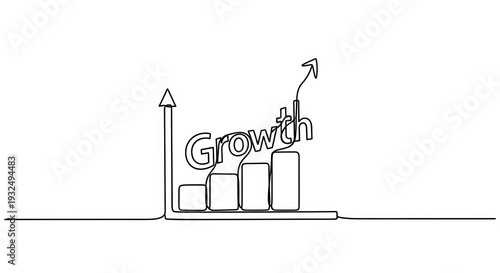 Continuous Line Drawing of Upward Bar Chart Graph with Growth Text and Arrow