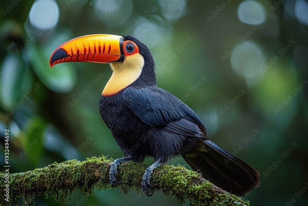 Obraz premium a colorful toucan with a bright orange beak and yellow throat perched on a moss-covered branch in a misty rainforest, calm and alert against a soft green bokeh background