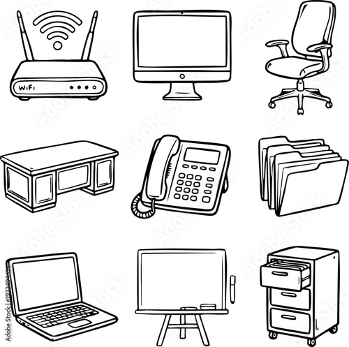 Set of Black and White Office Work Object Line Art Icons