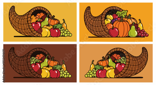 Set of 4 Cornucopia Vector Illustrations with Autumn Harvest Fruits and Vegetables