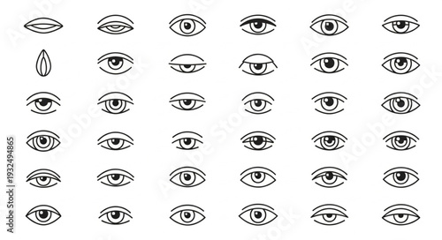 Collection of eye illustrations, various shapes and styles, artistic design elements.