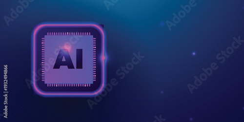 AI Chip with Light Glowing Neon Frame on Circuit Board. Technology AI Blue Background. Artificial Intelligence Digital Tech Bg. Machine Learning and Computer Innovation Concept