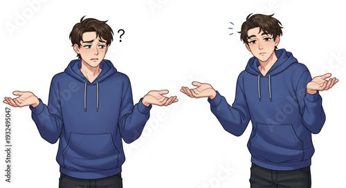 Two young men in blue hoodies expressing confusion and uncertainty with gestures.