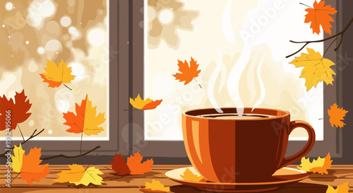 Steaming Coffee Cup on Windowsill with Falling Autumn Leaves Vector