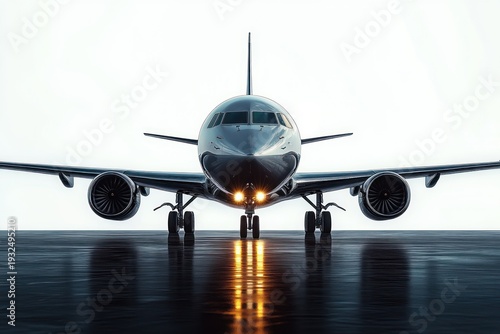front view of a large commercial jet on a wet reflective runway with engines, landing gear and warm underbelly glow conveying power and calm anticipation