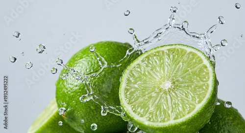 Fresh lime slices with water splash on simple background, sensory texture, citrus refreshing background