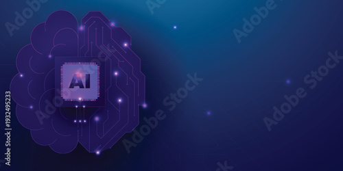 Digital AI chip integral into abstract technology brain on dark blue background. Circuit board tech bg. Low poly wireframe AI mind. Artificial Intelligence concept. Vector illustration with light neon