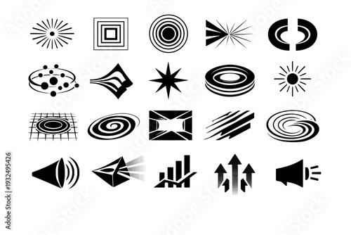 Collection of abstract icons representing social issues and concepts in simple black and white illustrations.