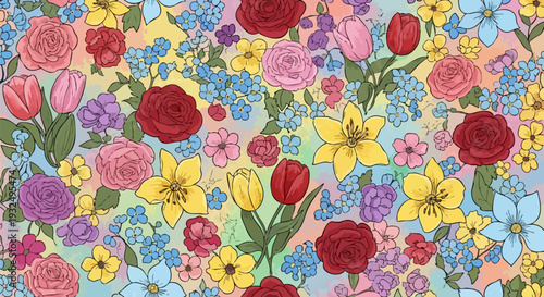 Colorful Hand Drawn Floral Pattern Vector Background