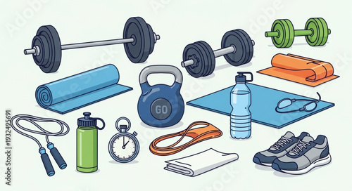 Collection of fitness equipment for workout and exercise training.