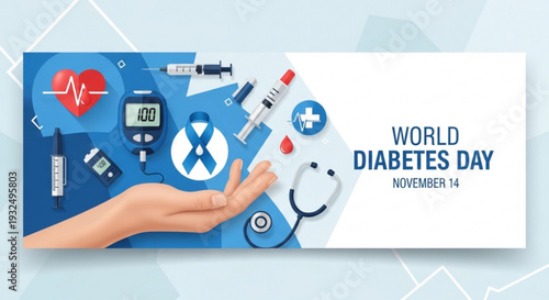 World diabetes day awareness banner with medical supplies and blue ribbon on a hand