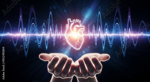 Hands holding glowing heart with ecg heartbeat waveform background symbolizing health care and medical technology in a dark setting