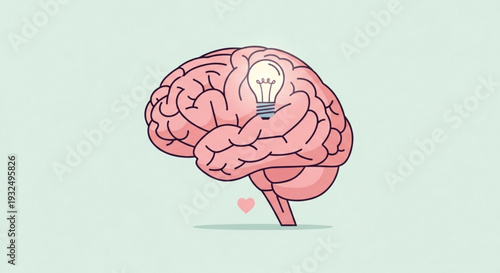 Illustration of a pink brain with a lightbulb inside symbolizing creativity innovation and idea generation on a soft green background