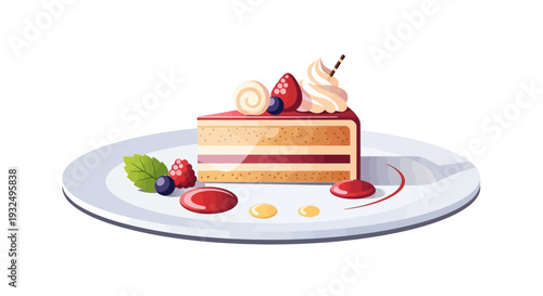 A delicious slice of cake on a plate, garnished with berries and whipped cream