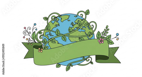 Earth with green ribbon and floral decorations symbolizing environmental conservation and eco friendly initiatives worldwide