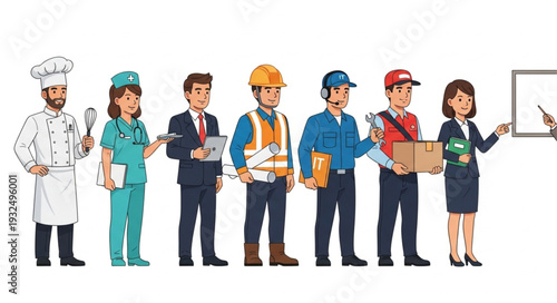 Diverse group of professionals showcasing various occupations and careers in society.