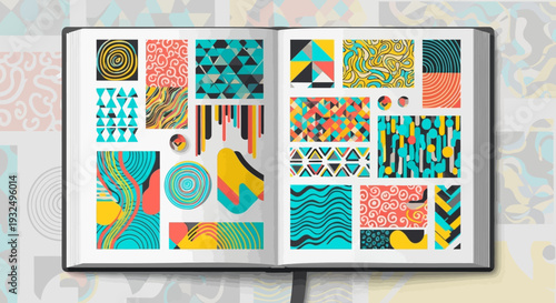 A vibrant collection of design samples showcased in an open sketchbook for artistic inspiration