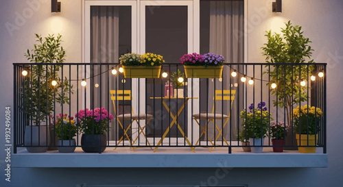 A Welcoming Balcony Scene with Plants, Lights, Furniture, and Evening Ambiance