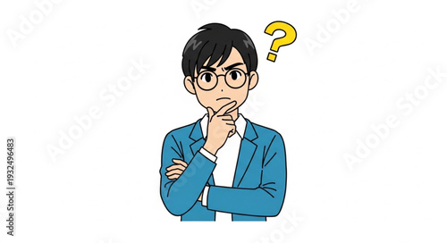 Thoughtful man pondering a question with a yellow question mark above his head.