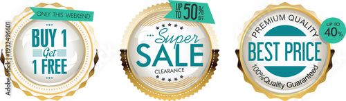 Three gold and teal discount labels for buy one get one free, sale, and best price