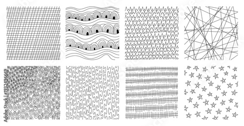 Hand-drawn crosshatch patterns with organic line textures vector illustration set. Sketch-style hatching creates depth through pencil strokes, perfect for artistic backgrounds and crosshatch designs.