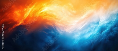 Swirling abstract fusion of fiery orange and cool blue waves meeting in a luminous center, evoking energy, contrast, and serene intensity