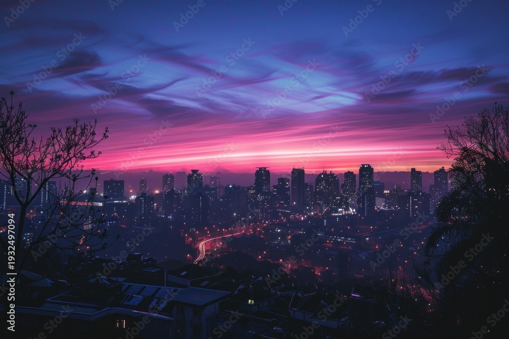 Fototapeta premium Breathtaking cityscape at dusk, featuring a vibrant purple and pink sky over illuminated buildings and winding roads