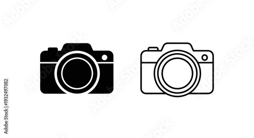 Set of 2 Black Camera Icons Vector Illustration for Photography, Multimedia, and Digital Content Web Design isolated on White Background