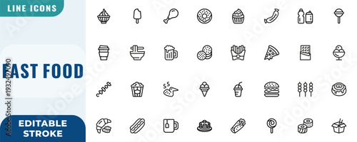 Fast food icon set. Editable Stroke Vector Set. Line Icon.	
