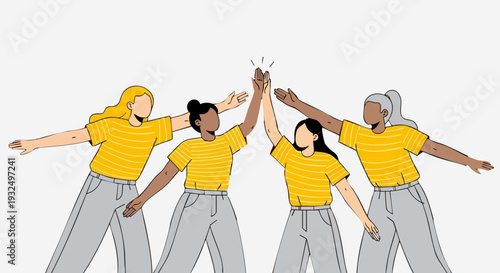 Diverse Group of Four Women Giving High Five Vector Illustration