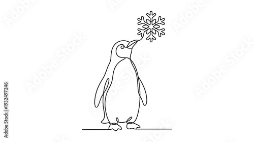 Penguin and Snowflake One-Line Icon, Single Continuous Line Winter Minimal Outline