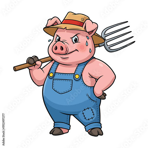 A cartoon pig in overalls and hat holding a pitchfork with a rustic farm background view