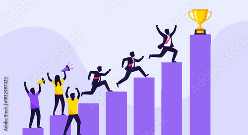 Business people running up growth bar chart to golden trophy vector